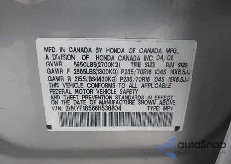 2006 Honda Pilot Ex-L z USA, uszkodzony, nr VIN 2HKYF18566H538804